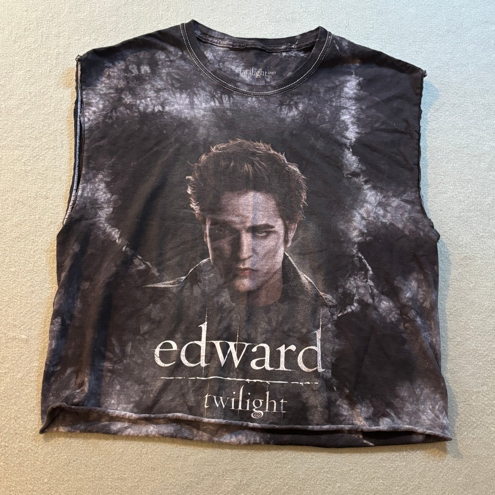 Twilight Saga Edward Cullen Tie Dye Cutoff Tank Womens M Black Acid Wash Graphic